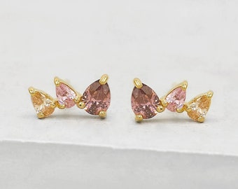 Teardrop Crawlers - Gold + Pink | 3 Stone Earcrawlers | Crown Studs | 3 Stone Stud Earrings | Gold Ear Climbers | E1009GPNK