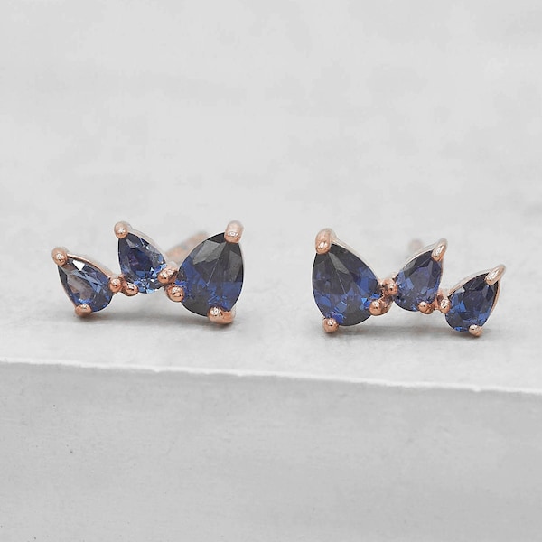 Teardrop Crawlers - Rose Gold + Blue  | 3 Stone Earcrawlers | Crown Studs | 3 Stone Stud Earrings | Rose Gold Ear Climbers | E1009RBLU