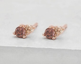 2-Stone Studs - Rose Gold + Pink |  Tiny Stud Earrings | Rose Gold Earrings | Rose Gold Stud Earrings | Pink Stone Studs | E1010RPNK
