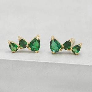 Teardrop Crawlers - Gold + Green | 3 Stone Mini Ear crawlers | Emerald Studs | Green Earrings | Gold Ear Climbers | May Birthstone |E1009GGR