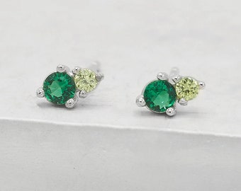 2-Stone Studs - Silver + Green | Tiny Stud Earring | Silver Earrings | Silver Earrings | Minimal Studs | May Birthstone | Emerald | E1010SGR