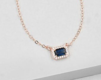 Baguette Halo Necklace - Rose Gold+Blue | Baguette Necklace | Layering Necklace | Color Necklace | Halo Charm | Gift for Her