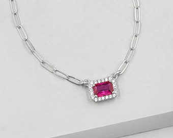 Baguette Halo Necklace - Silver+Pink | Baguette Necklace | Layering Necklace | Color Necklace | Halo Charm | Gift for Her