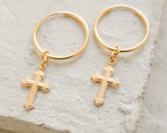 Cross Hoop Earrings | Gold Filled Cross Hoops | Silver Hoop Earrings | Cross Charm Hoops | Religious Jewelry | E3019G | E3019S