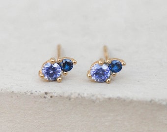 2-Stone Studs - Gold + Blue | Tiny Stud Earrings | Gold Earrings | Gold Stud Earrings | Minimal Jewelry |Sapphire Studs | E1010GBLU