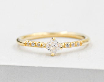 Feminine, Dainty prong Princess Cut eternity Stacking Ring with thin band - GOLD - fashion ring, promise ring, wedding engagement ring