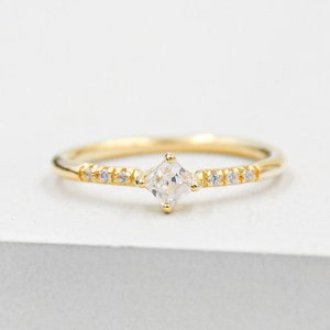 Feminine, Dainty prong Princess Cut eternity Stacking Ring with thin band - GOLD - fashion ring, promise ring, wedding engagement ring