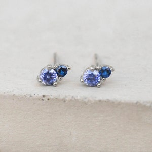 2-Stone Studs - Silver + Blue | Tiny Stud Earrings | Silver Earrings | Silver Stud Earrings | Minimal Jewelry | E1010SBLU