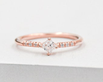 Feminine, Dainty prong Princess Cut eternity Stacking Ring with thin band - ROSE GOLD- fashion ring, promise ring, wedding engagement ring