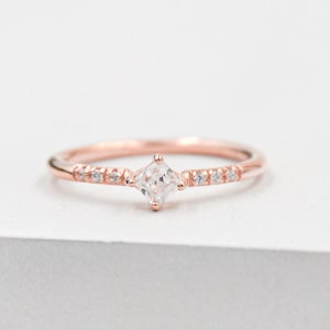 Feminine, Dainty prong Princess Cut eternity Stacking Ring with thin band - ROSE GOLD- fashion ring, promise ring, wedding engagement ring