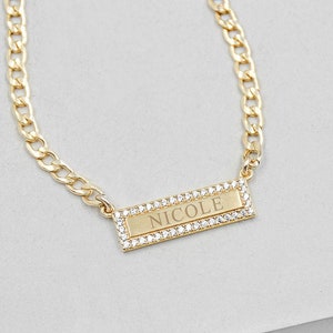 Cuban Link Bar Necklace - GOLD | Bar Charm Necklace | Engraved Bar Necklace | Engraved Name Necklace | Sparkle Bar |