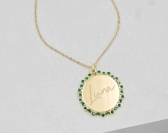 Sparkle Cluster Sun Coin Necklace - GOLD+GREEN | Personalized Name Necklace | Initial Necklace | Engraved Necklace | Gold Name Necklace