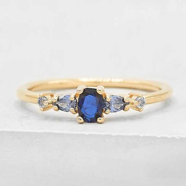 Vintage Inspired Ring - Gold + Blue  Petite, Dainty Ultra Thin Stacking Ring with CZ Stones - GOLD | Promise ring | Wedding Ring | R1056GBLU