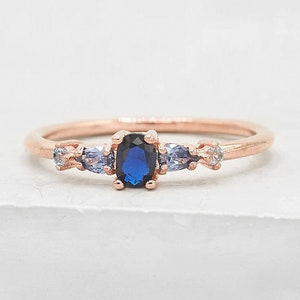 Vintage Inspired Ring - Rose Gold + Blue |  Petite Ultra Thin Stacking Ring with CZ Stones - ROSE GOLD | Promise ring|Wedding Ring|R1056RBLU