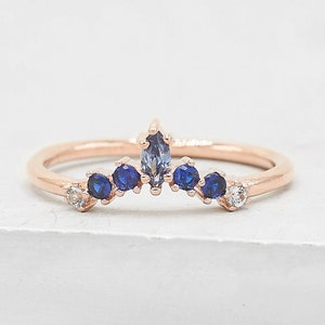 Marquise V Ring - Rose Gold & Blue - V Chevron Ring - Stacking Ring, Promise Ring, Wedding Band - Ring Holder - Sapphire Ring