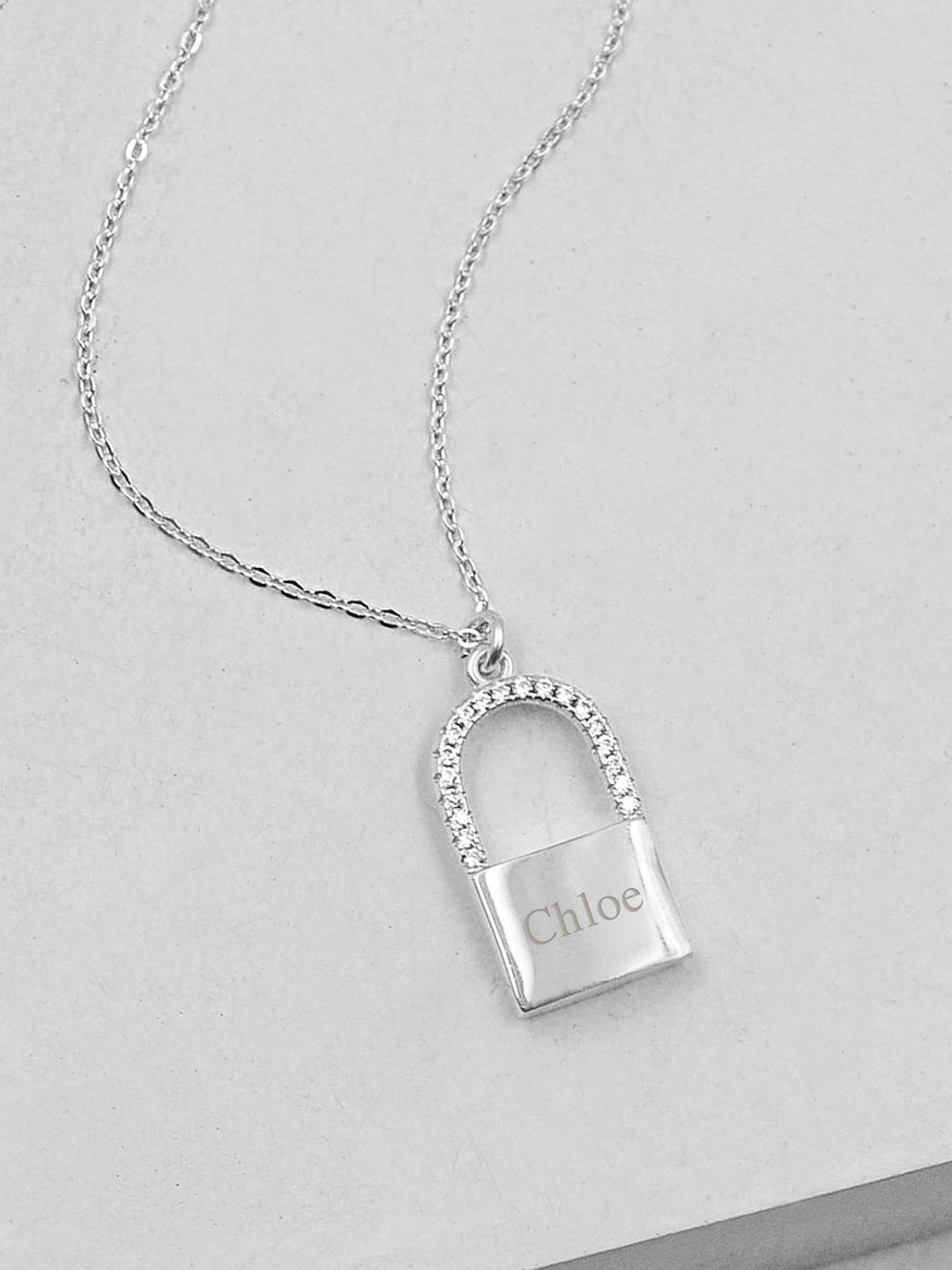 Sparkle Padlock SILVER Padlock Necklace Engraved Padlock Necklace