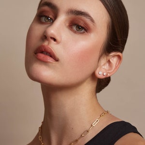 May include: A gold-colored chain necklace with rectangular links is worn around the neck. The model is also wearing two small, round stud earrings. The model is wearing a black top.