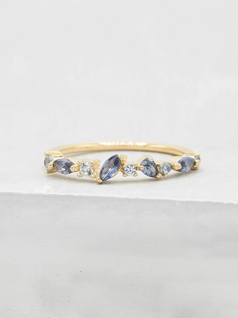 Cluster Ring - Gold + Blue | September Birthstone Stacking Ring with sapphire & aquamarine Cz | Promise ring, Wedding Ring | R1057GBL 