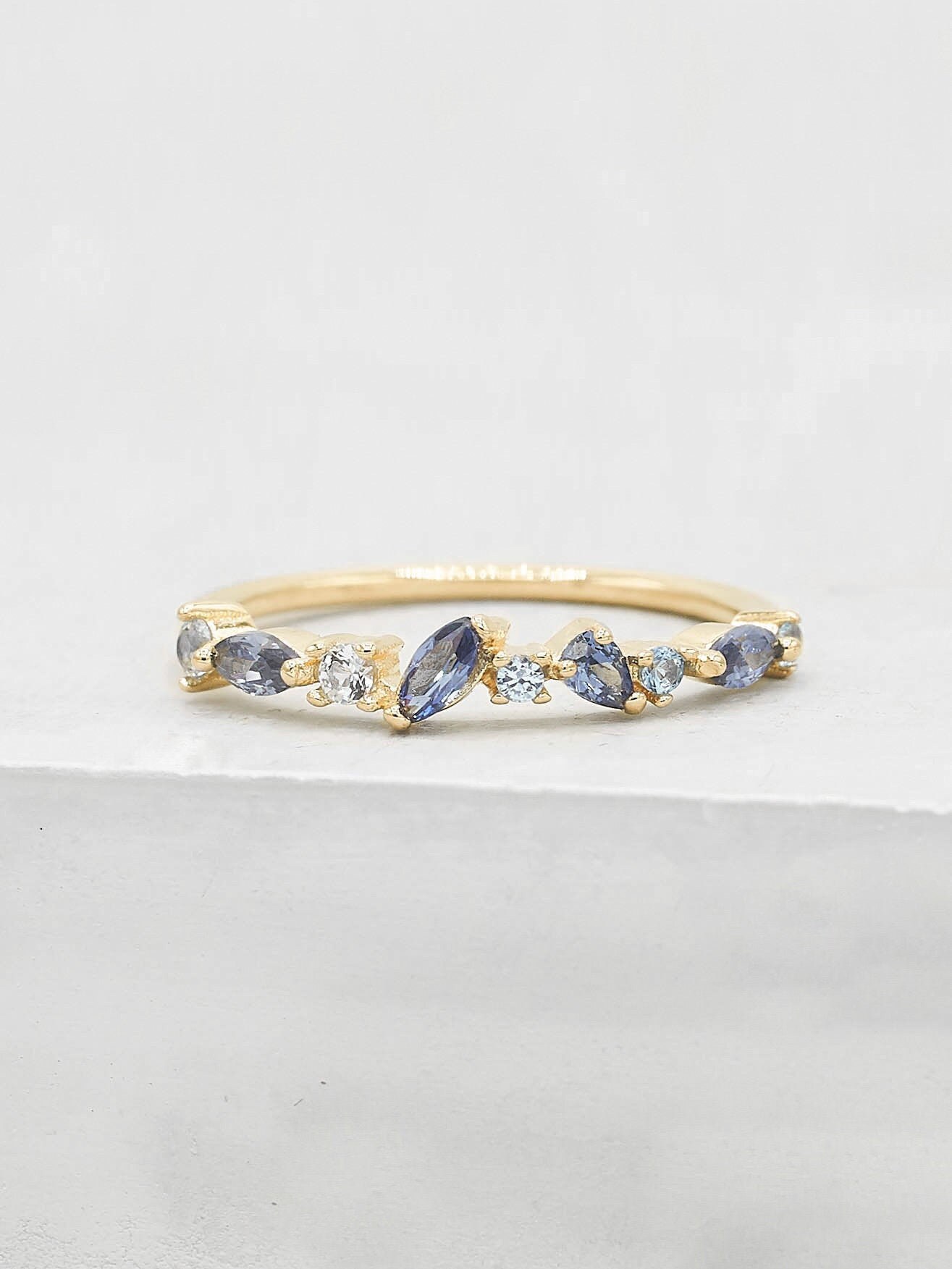 Cluster Ring - Gold + Blue | September Birthstone Stacking Ring with …