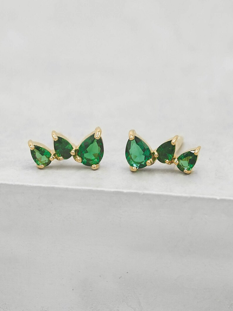 3 Stone Mini Ear crawlers Gold Emerald Studs May Birthstone |E1009GGR Gold Ear Climbers Green Earrings Green Teardrop Crawlers