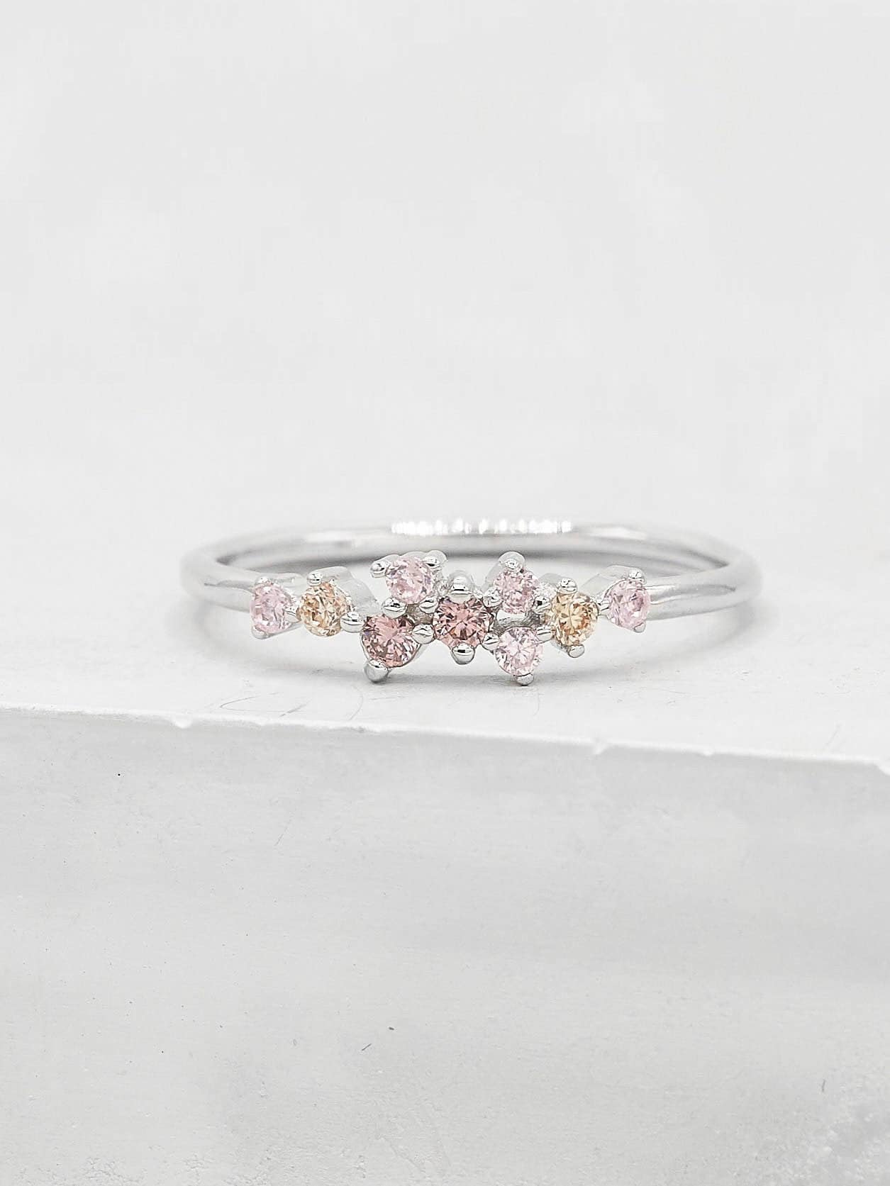 Silver Twilight Cluster Ring – Pink Champagne Gemstone Stacking Band