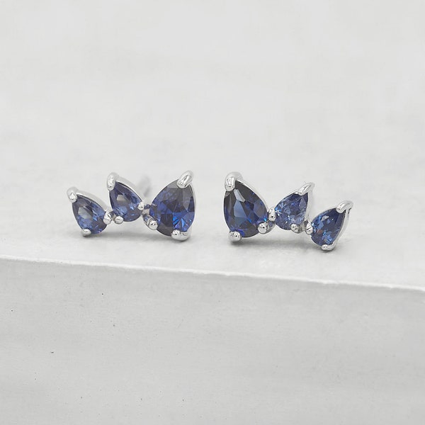 Teardrop Crawlers - Silver + Blue | 3 Stone Earcrawlers | Crown Studs | 3 Stone Stud Earrings | Silver Ear Climbers | E1009SBLU
