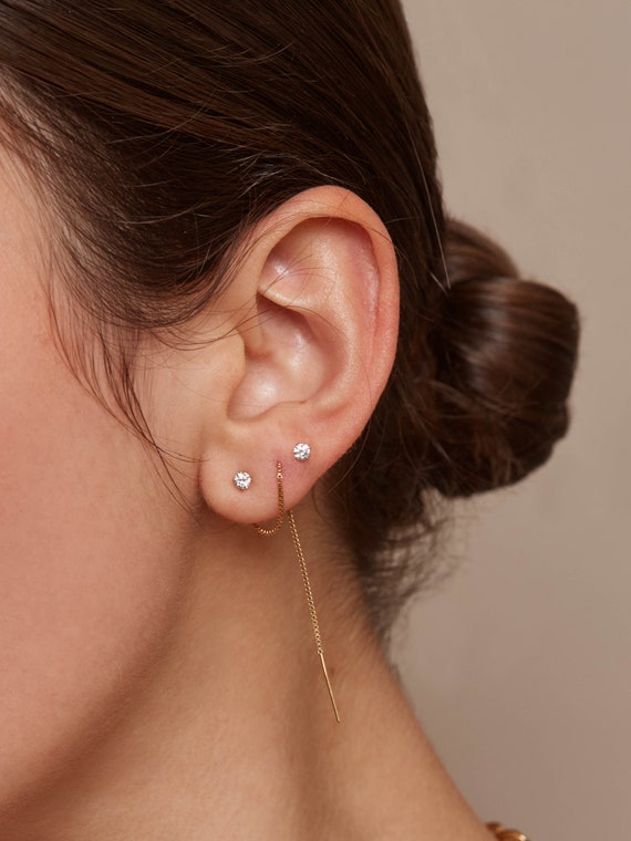 Double Piercing Threader Earrings Gold Filled Cubic Zirconia Stud and Threader Earrings Gold Filled Threader Box Chain Threader Etsy Canada