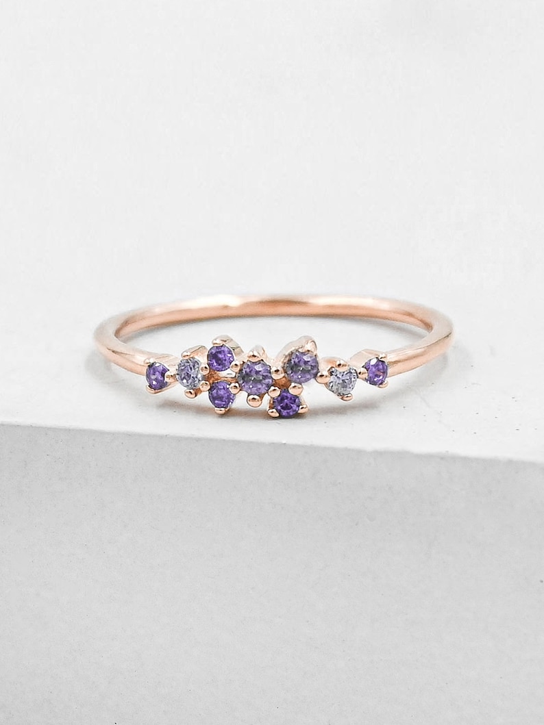 Twilight Cluster Ring Rose Gold & Purple Amethyst Ring February Birthstone Ring promise ring, wedding ring, friendship ring image 1