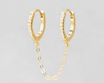 Chain Charm Huggies - Gold | Double Piercing Hoops | Gold Hoops | Gold Charm Earrings | Dainty Hoop Earrings | CZ Huggies