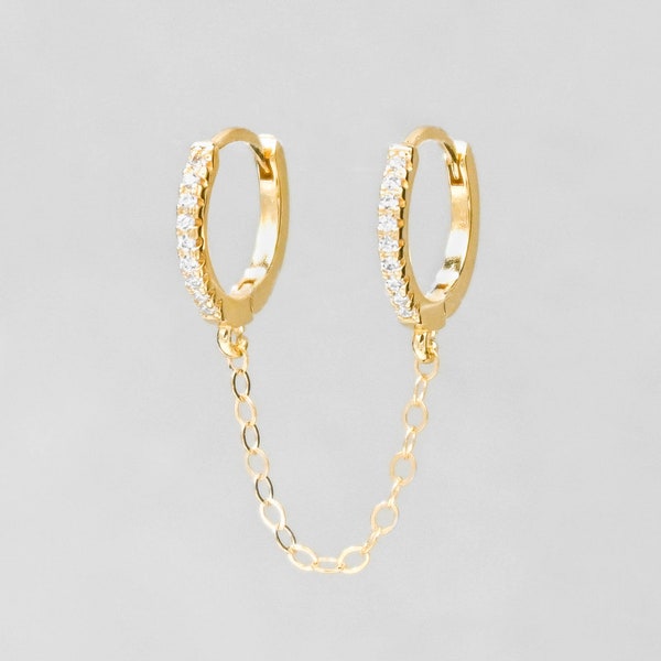 Chain Charm Huggies - Gold | Double Piercing Hoops | Gold Hoops | Gold Charm Earrings | Dainty Hoop Earrings | CZ Huggies