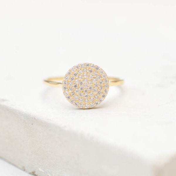 Small Dainty Circle Disc Ring with Cubic Zirconia - GOLD - Modern Trendy Statement Stacking Ring | R1061G
