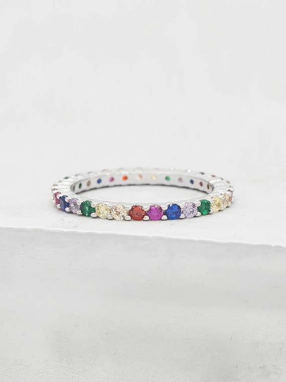 Rainbow Eternity Ring Silver Rainbow Ring Rainbow Stacking Ring
