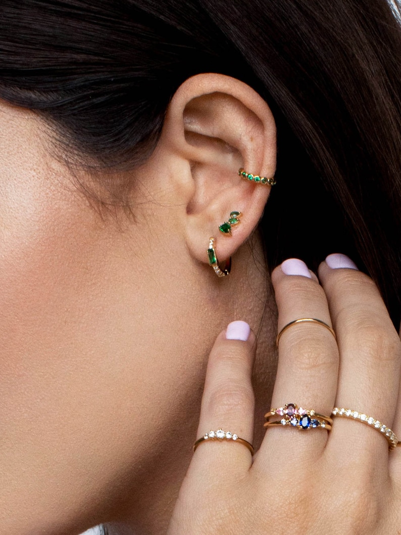 3 Stone Mini Ear crawlers Gold Emerald Studs May Birthstone |E1009GGR Gold Ear Climbers Green Earrings Green Teardrop Crawlers