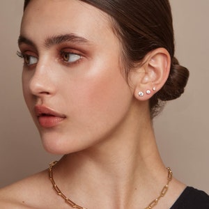 May include: A gold-colored paperclip chain necklace and three small stud earrings. The earrings are set in the ear. The necklace is a simple, elegant design. The model is wearing a black top.