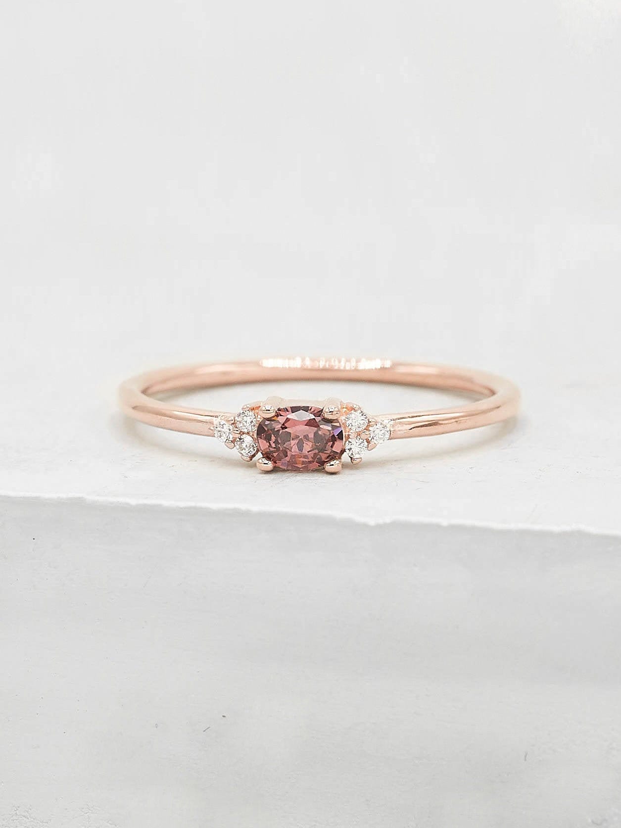 Dainty Oval Ring - Rose Gold + Pink | Oval Cut Stacking Ring | promis…