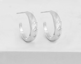 Star Dome Hoops - Silver  | Hoop Earrings | Simple Hoops | CZ Hoop Earrings | North Star Hoops | Star Hoops | Dome Hoops