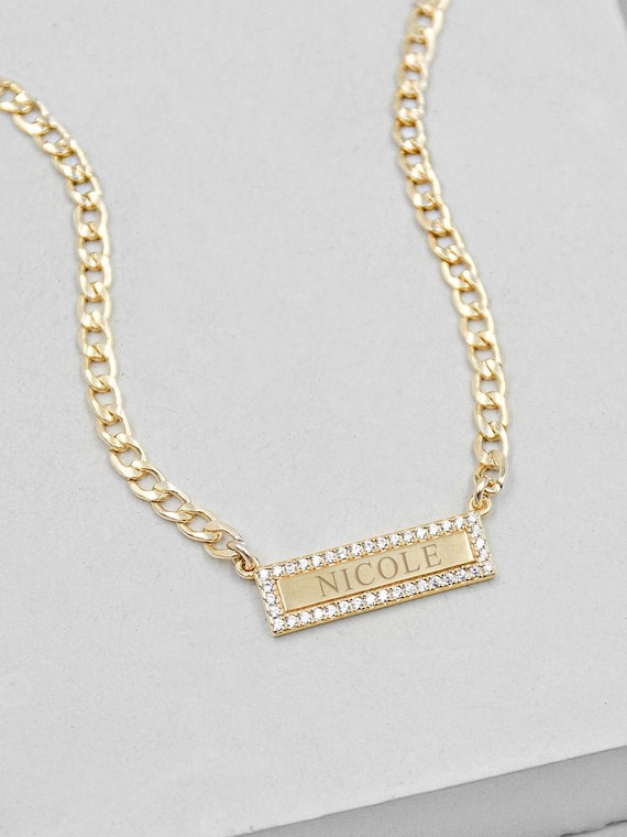 Cuban Link Bar Necklace GOLD Bar Charm Necklace Engraved 