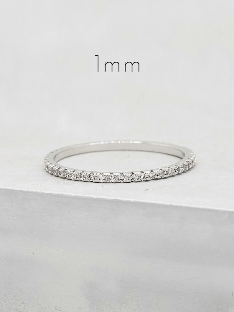 Thin 1mm Stone Eternity Band Silver Half Band or Full Band Stacking Ring Eternity Ring Promise Ring Wedding Band R1005G R1040G image 1