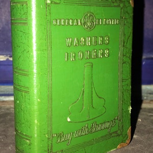 Vintage 1923 Antique Bankers Utilities Co. G.E. GENERAL ELECTRIC Washers Ironers "Buy With Savings" Green Thrift Book Coin Bank