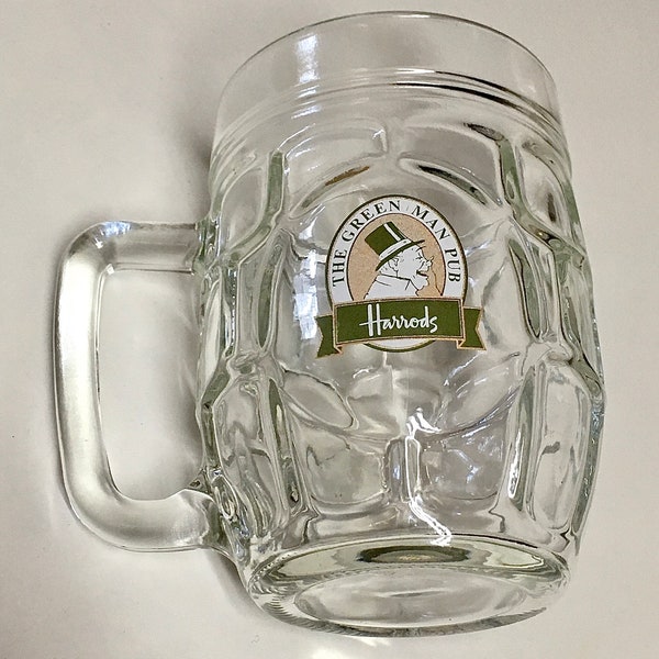 Vintage London England HARROD’S DEPARTMENT STORE Green Man Pub Handled Solid Pint Glass Beer Mug Stein