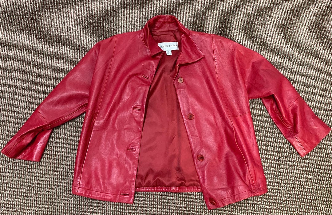 Vtg Women's Medium Ellen Tracy Red Leather Satin Lined