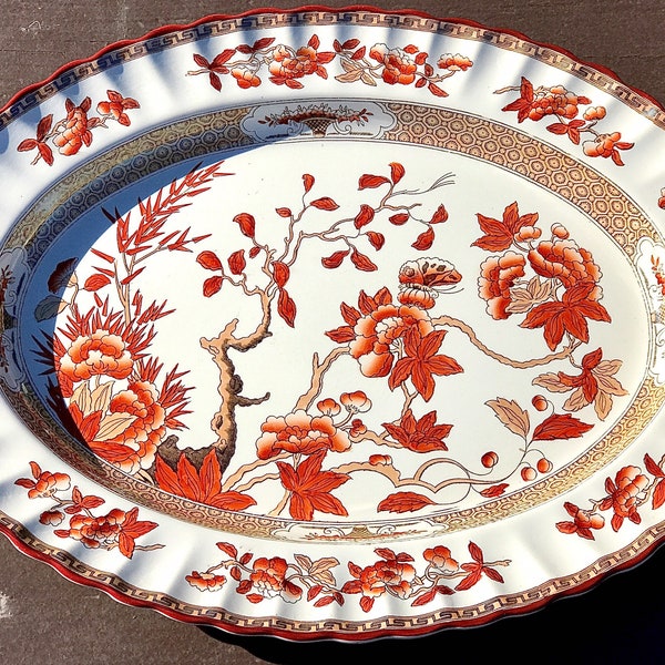 Vintage England Spode COPELAND INDIA TREE Fine Bone China 17” Scalloped Oval Serving Plate Flat Cup Saucer Demitasse Antique Replacements