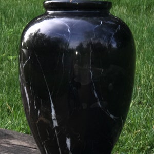 Vintage Pakistani Antique Large 10 inch tall 8 inch wide Solid Carved Black White Gold Onyx Marble Vase Made in Pakistan image 6