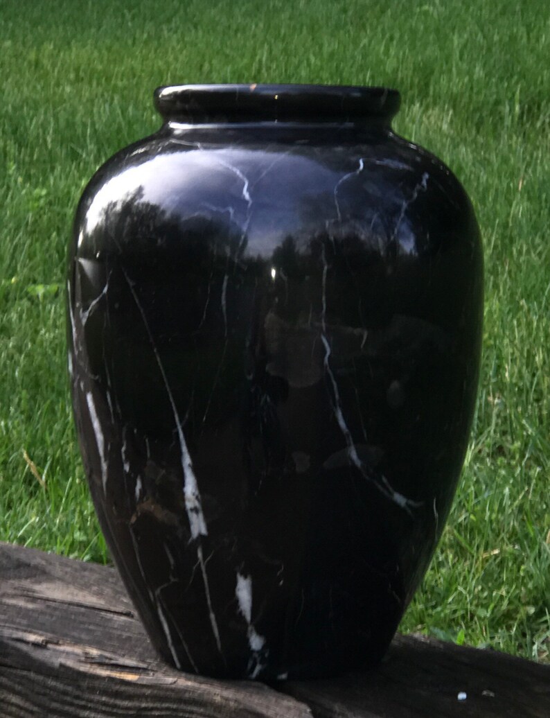 Vintage Pakistani Antique Large 10 inch tall 8 inch wide Solid Carved Black White Gold Onyx Marble Vase Made in Pakistan image 6