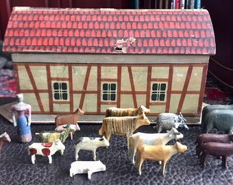 Vintage c. 1890s Antique Erzgebirge German Miniature Wooden Flat Bottom Noah's Ark Toy with Noah & Wife + 17 Animal Figurines Biblical Flood