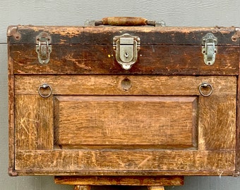 1930s Vintage Union Steel Chest  Craftsman Finger Jointed Oak & Metal Engineer Machinist Box