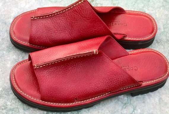 Red Pebbled Leather White Stitching 