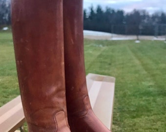 Men’s Size 10 1890s Antique Brown Leather OLIVER MOORE Polo Horse Riding Boots with Wood Shoe Trees owned by Philanthropist John Blodgett