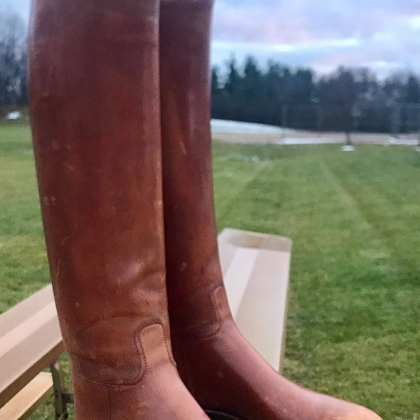 Men’s Size 10 1890s Antique Brown Leather OLIVER MOORE Polo Horse Riding Boots with Wood Shoe Trees owned by Philanthropist John Blodgett