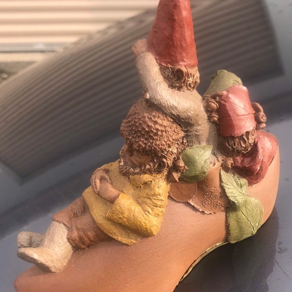 Vintage 1984 TOM CLARK Signed & Numbered Hand Crafted Baked Clay Composite “Winkin, Blinkin, and Nod" Three Gnomes on Giant Curly Shoe